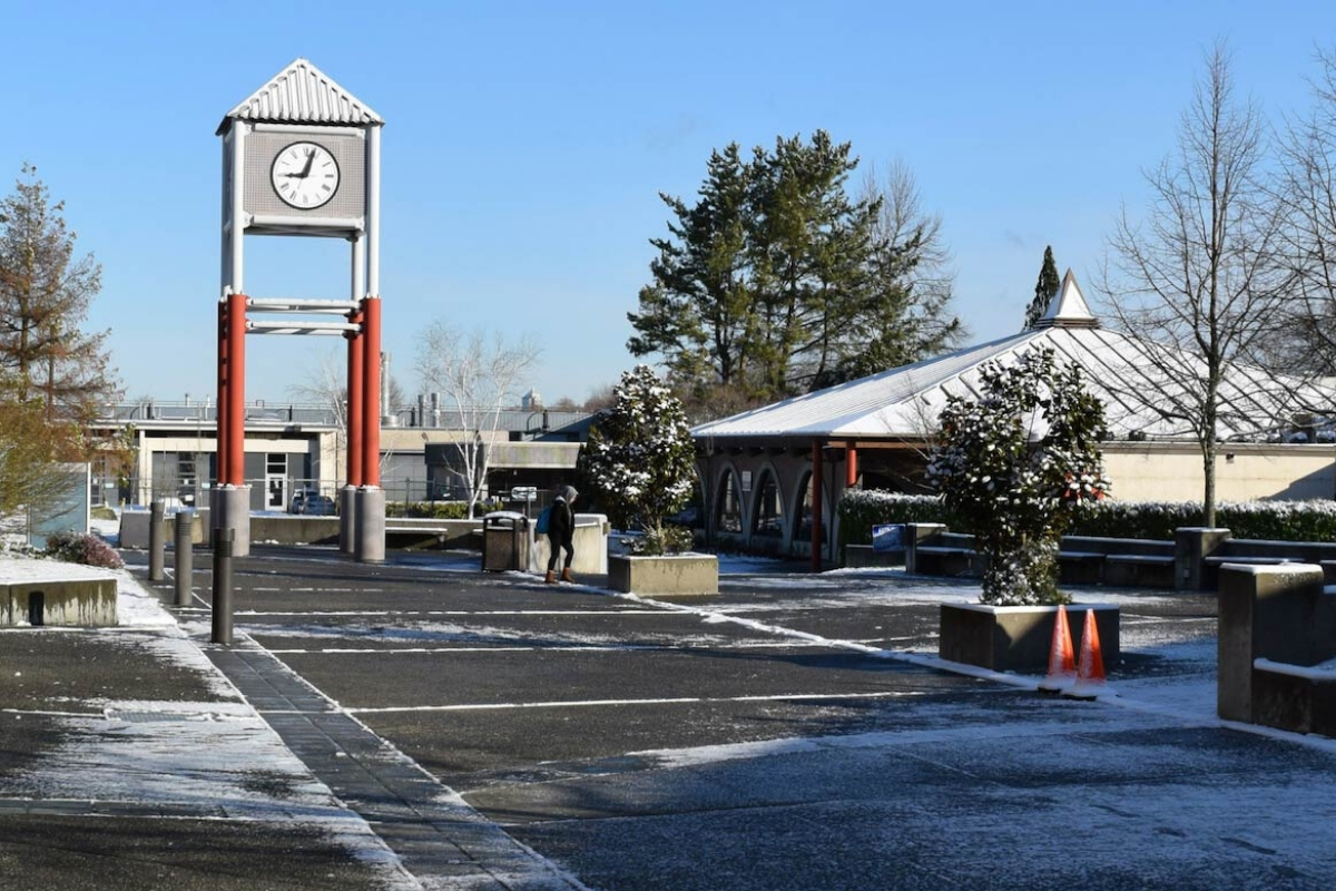 Clock Tower Plaza covered in snow 